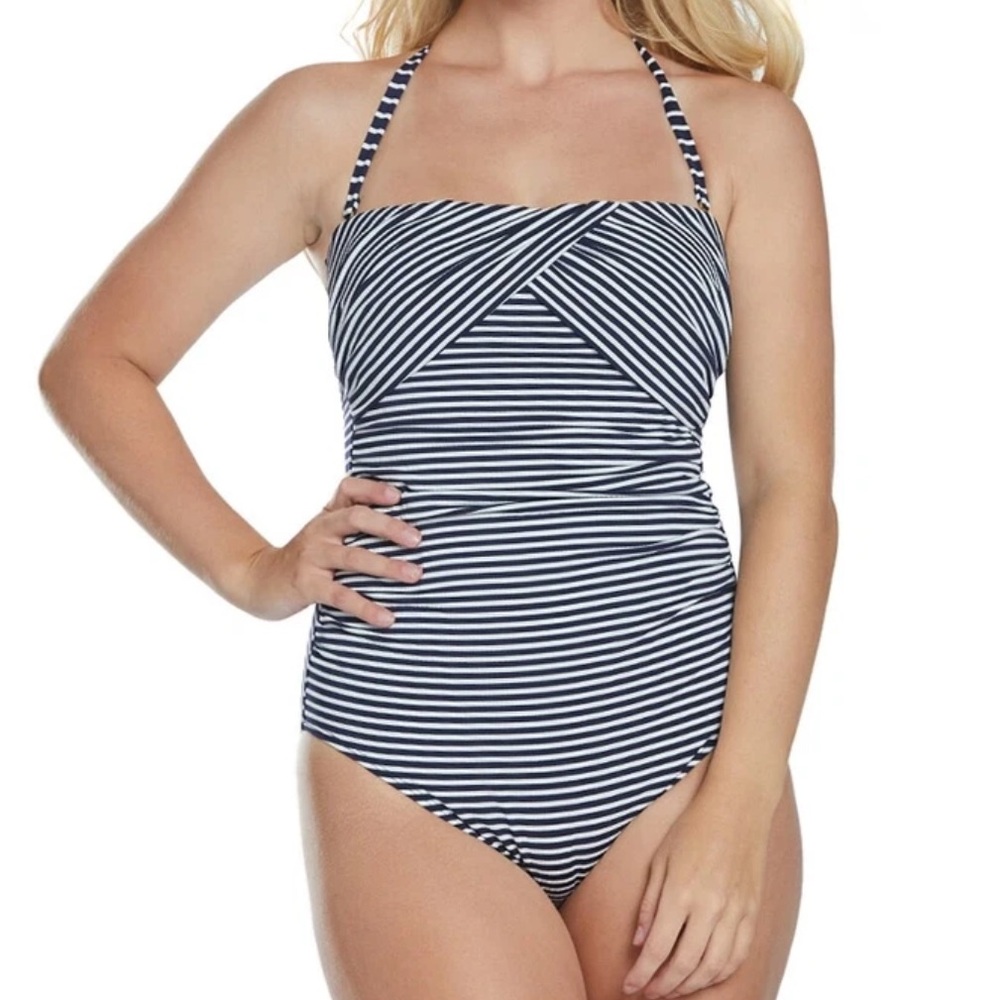Lauren Ralph Lauren Navy Seersucker Striped One-Piece Ruched Swimsuit 12 NWT